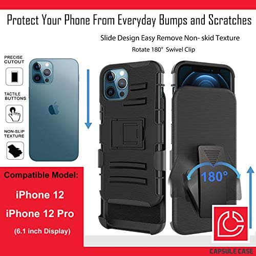 מארז Ohiya תואם ל- iPhone 12 Pro [הגנה על כיתה צבאית חסרת זעזועים כבד עמדות קיקסטנד נרתיק מגן על כיסוי מארז שחור] לאייפון 12 6.1 אינץ
